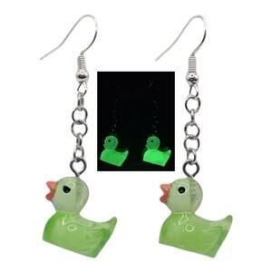 Green Glow in the Dark Duck Earrings Rave Festival Rubber Duck Jewelry